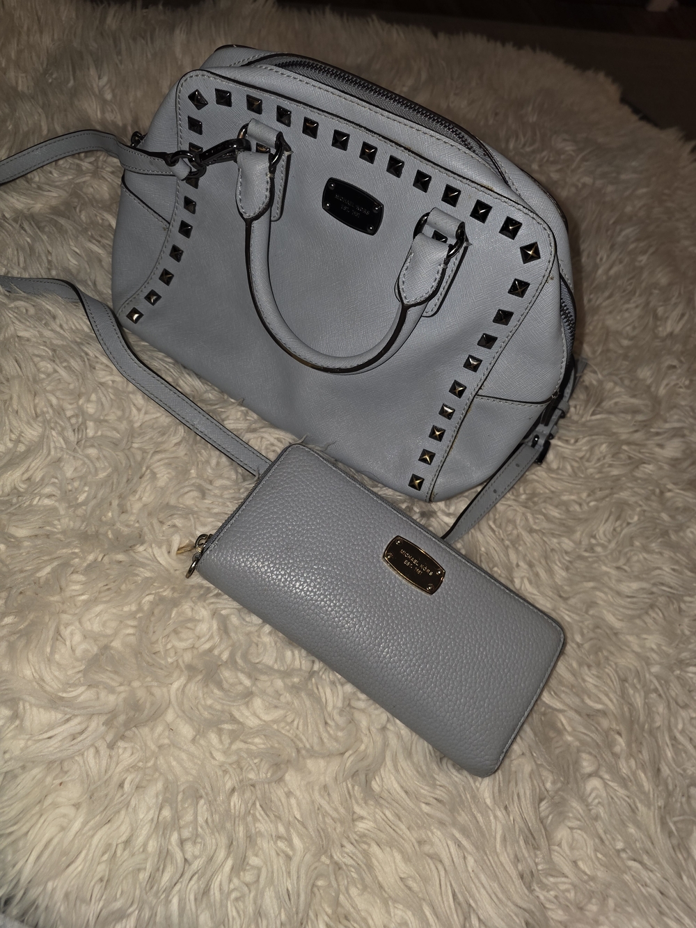Michael Kors Light Gray Studded Satchel with Matching Wallet